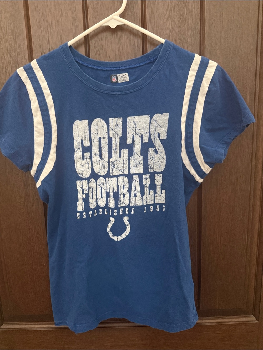 Official Colts Ladies Blue Football Tee with White Stripes